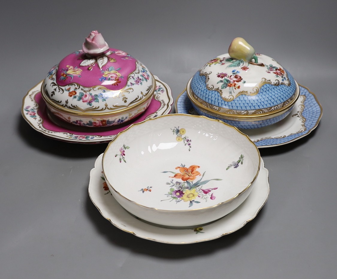 Two 19th century Meissen plates, 24.5cm, a 19th century Copenhagen porcelain dish and a pair of Continental porcelain ecuelles covers and stands